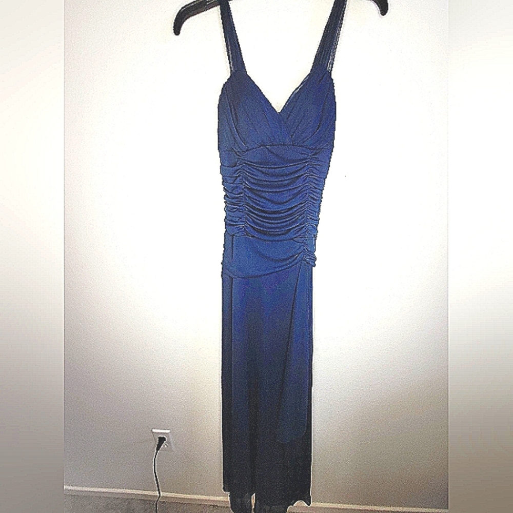 B. Smart Size 6 Navy Blue Long Formal Dress Shirred Top Sheer Straps